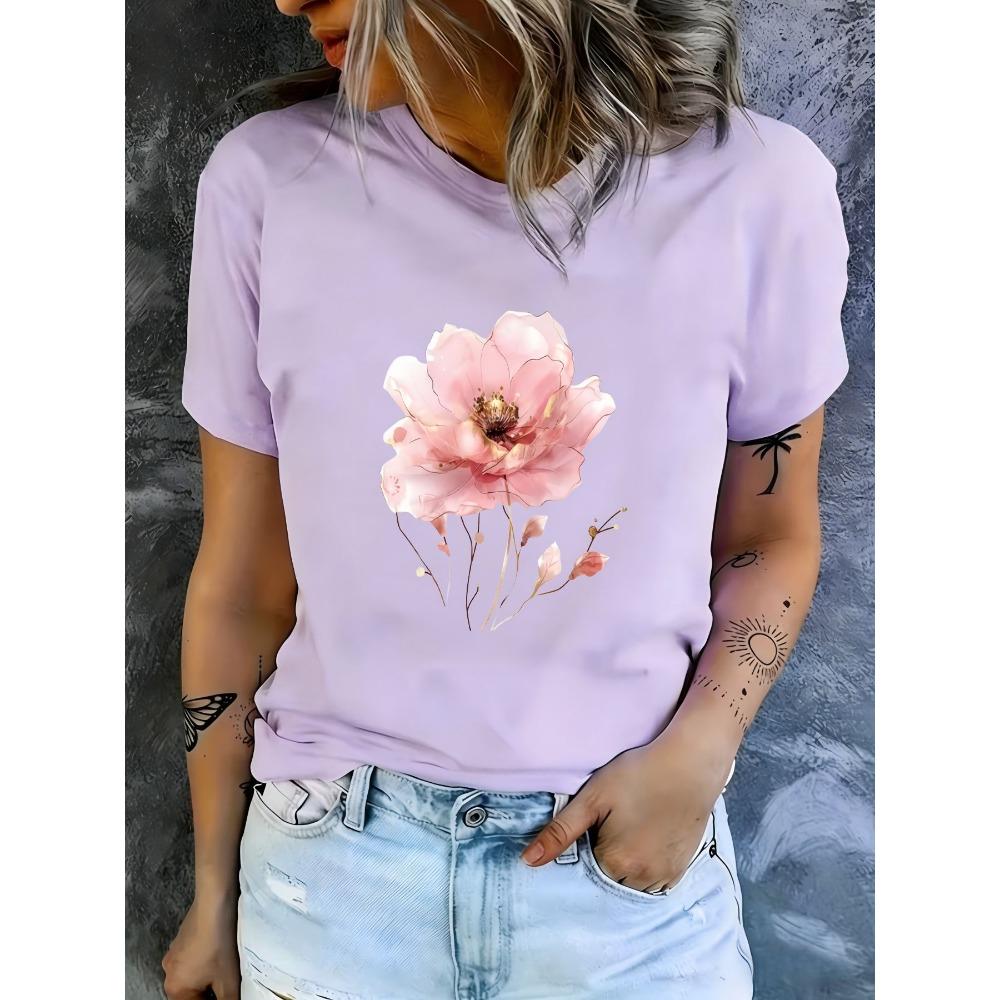 One-piece women's round-neck trendy printed T-shirt for spring/summer, comfortable short-sleeved, suitable for outdoor wear,