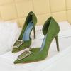 European American Style Banquet High Heels Thin Heels Shallow Mouth Pointed Toe Metal Buckle Side Hollow High Heels Single Shoes