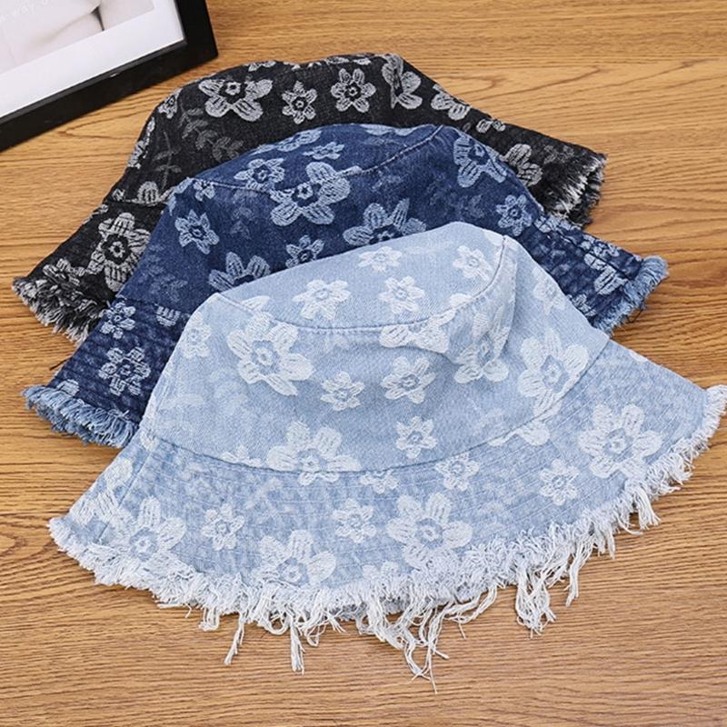 Stylish Distressed Trim Flower Print Fisherman Hat Breathable Bucket Hat for Spring Autumn Daily Outfit Fashion Headwear