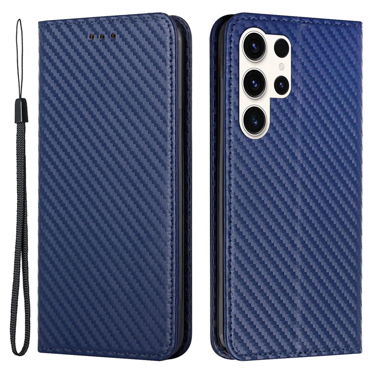 

For Samsung Galaxy S24 Ultra Case Carbon Fiber Texture Wallet Stand Cover Blue