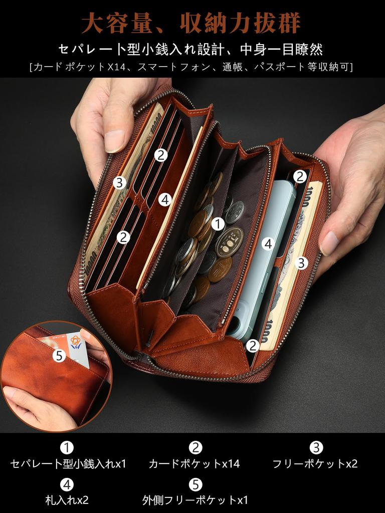Genuine Leather Round Zipper Long Wallet for RFID Separate Coin Gift Wrapping Available [Mandiva] Men, Compact, Protection, Purse, (Camel)