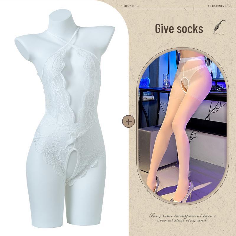 Women's Open Crotch See-Through Lace Bodysuit with Pearl Detail