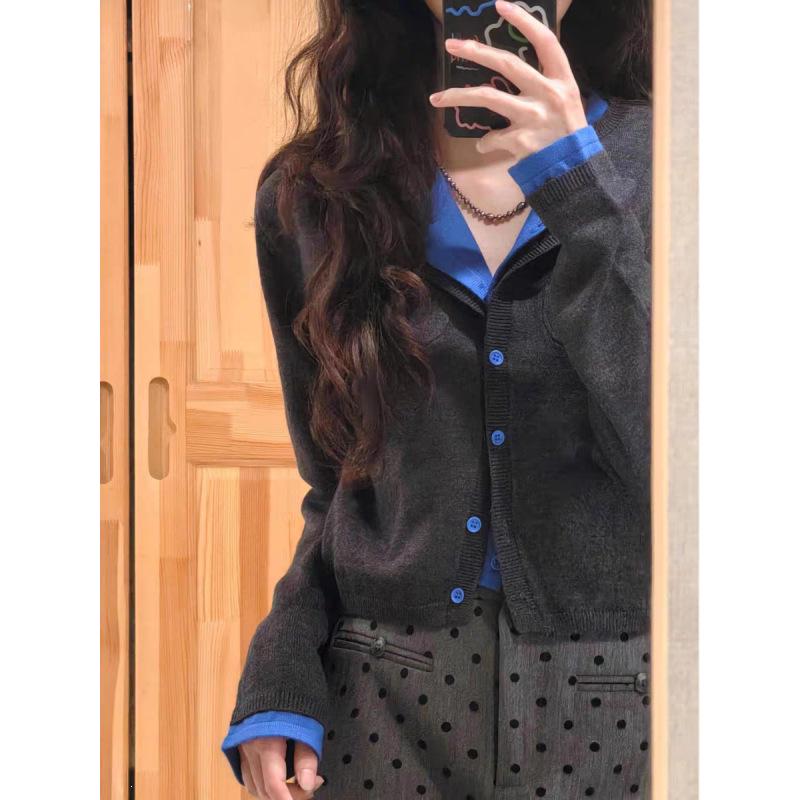 Korean Color Block Two-Piece Knit Cardigan - Women's Versatile Short Top for Spring and Autumn Street Style