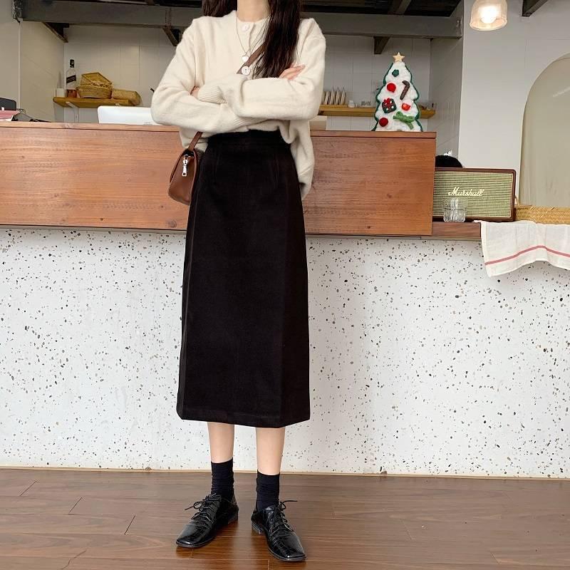 

Autumn/Winter 2025 Black Wool A-Line Midi Skirt with High Waist and Slimming Slit 2XL 130-145
