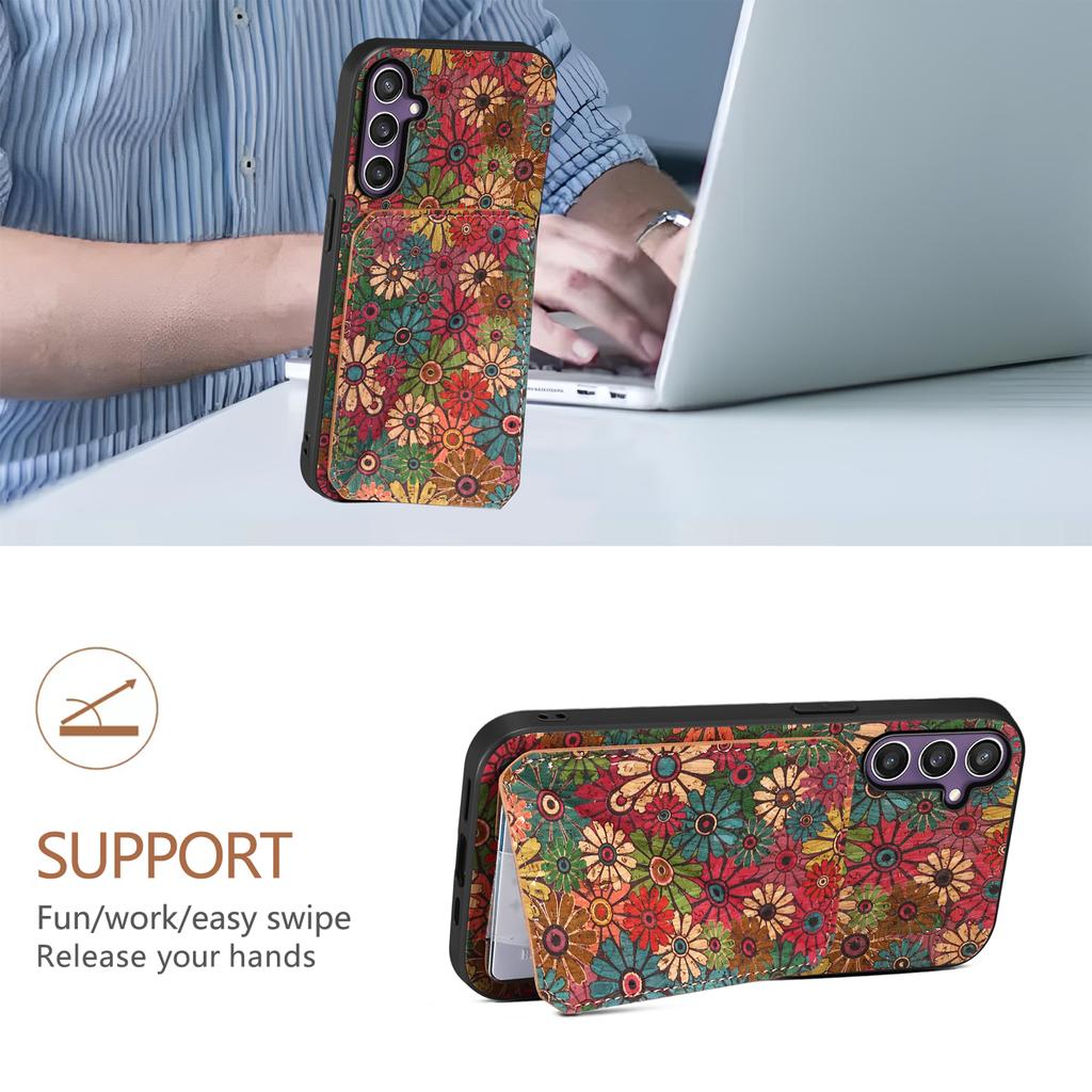 For Samsung Galaxy S25 Case with Card Holder Kickstand Flowers Design Leather Phone Cover
