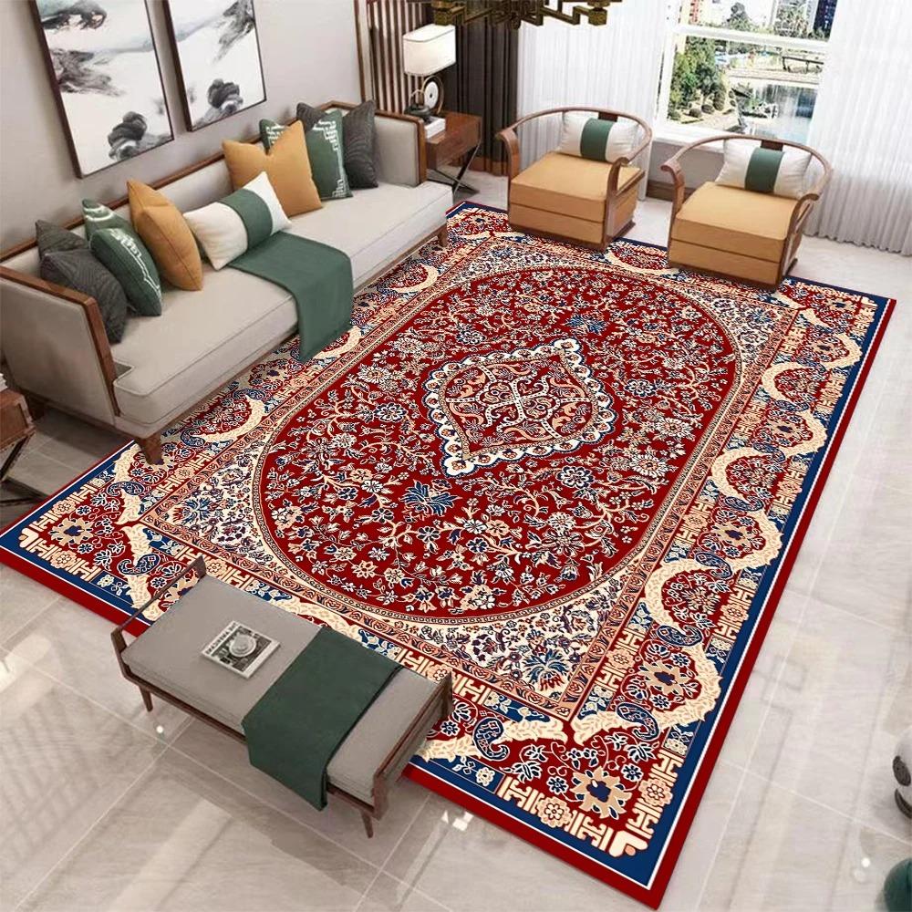 Retro Red Bohemian-style Printed Carpet Red Kitchen Mat Decor Vibrant Living Room Mat Coffee Table Rug Nonslip Machine Washing