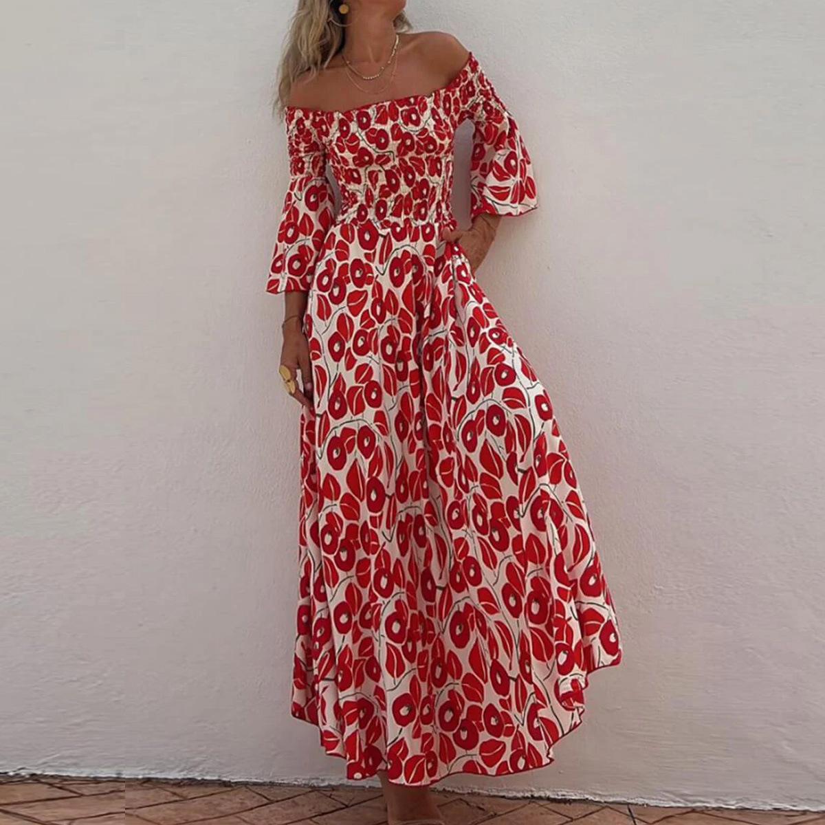 

Women s Floral Off-Shoulder Dress with Bell Sleeves, Elegant Summer Maxi Dress with Flowy Skirt XL