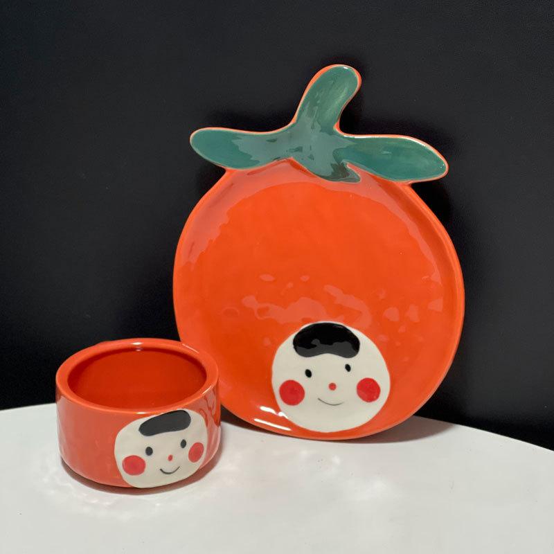 Creative And Cute Hand-Painted Apple Pear Tomato Ceramic Cup And Saucer Cartoon Personalized Underglaze Fruit Coffee Cup And Saucer Set