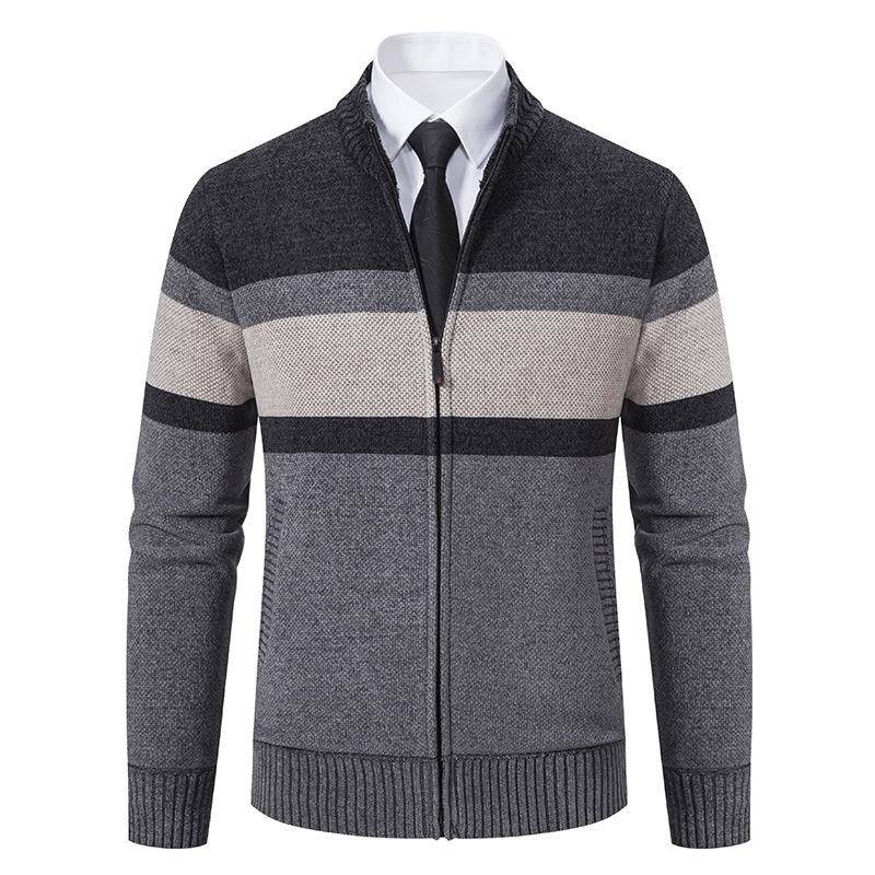 Men's Color Matching Stand-up Collar Men's Jacket Winter Velvet Youth Knitted Warm Jacket