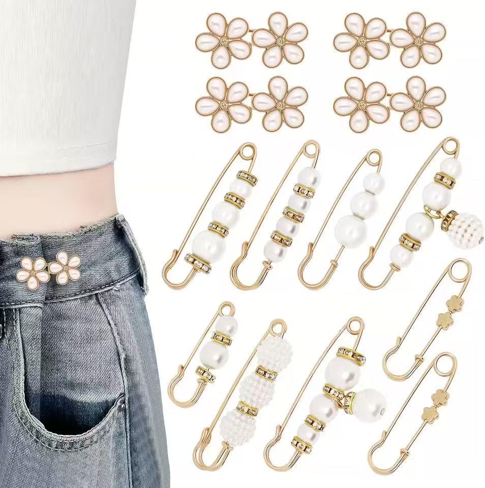 Adjustable Pearl Brooch Set for Waist Tightening and Clothes Fixing