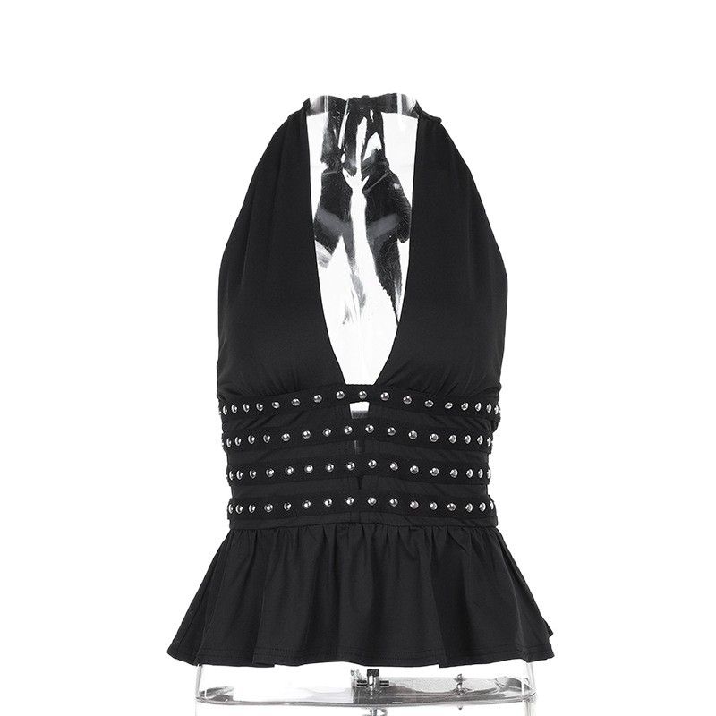 European and American Foreign Trade New Women clothes Hanging Neck Deep V Hot Nail Backless Strap Fashion Sexy Night Show Gyaru Waist Girdle Top