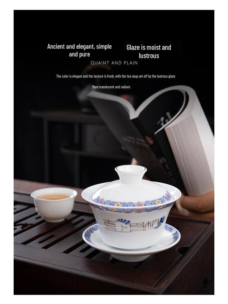 Chinese Style Ceramic Tea Set: White Porcelain Cup with Blue and White Ruyi Covered Bowl for Living Room