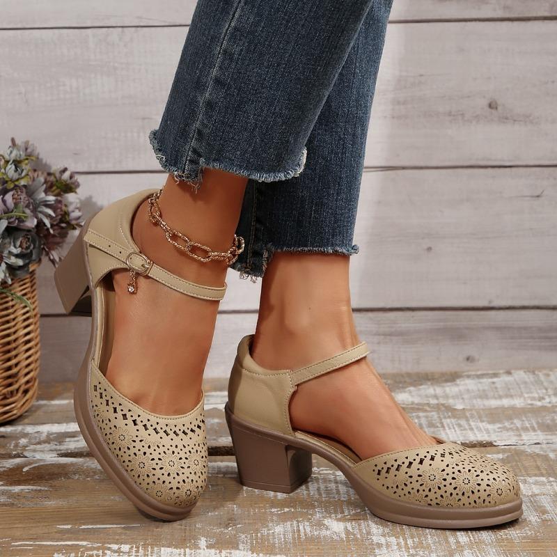 Fashion New Ankle Strap High Heels Sandals for Women Summer Hollow Out Breathable Pumps Woman Comfortable Chunky Heeled Mary Jane Shoes
