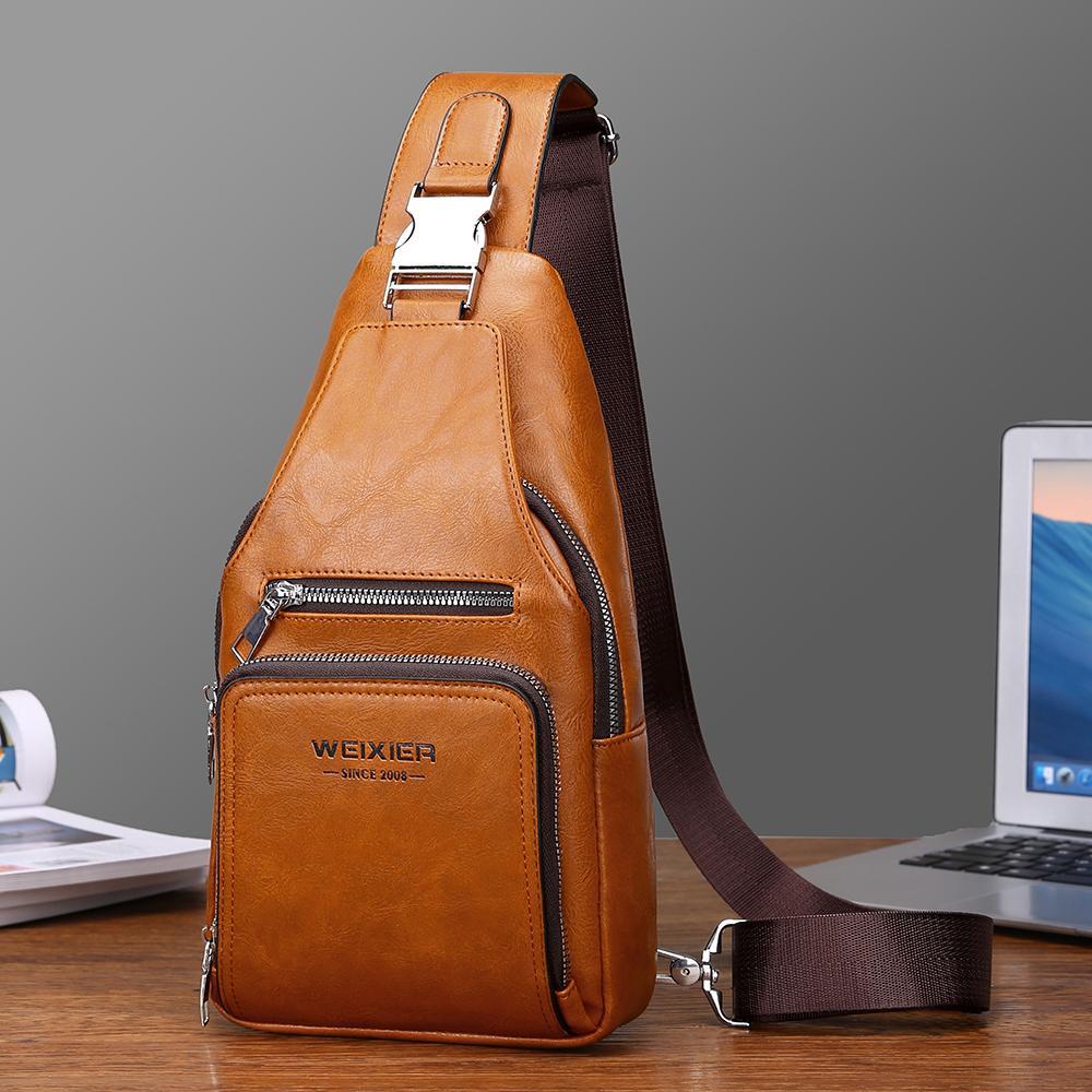 WEIXIER Bolso Bandolera de Cuero para Hombre Crossbody Hombro Pecho Impermeable Casual Mochila de Día para Viajes Deportes al Aire Libre