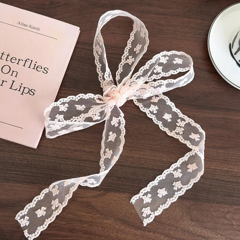 Różowe Koronkowe Kwiaty Długi Pasek Jedwabna Chustka Opaski Kokarda Gumka do Włosów Damska Dziewczęca Słodka Wiązana Turban Wstążka Nakrycie Głowy Moda