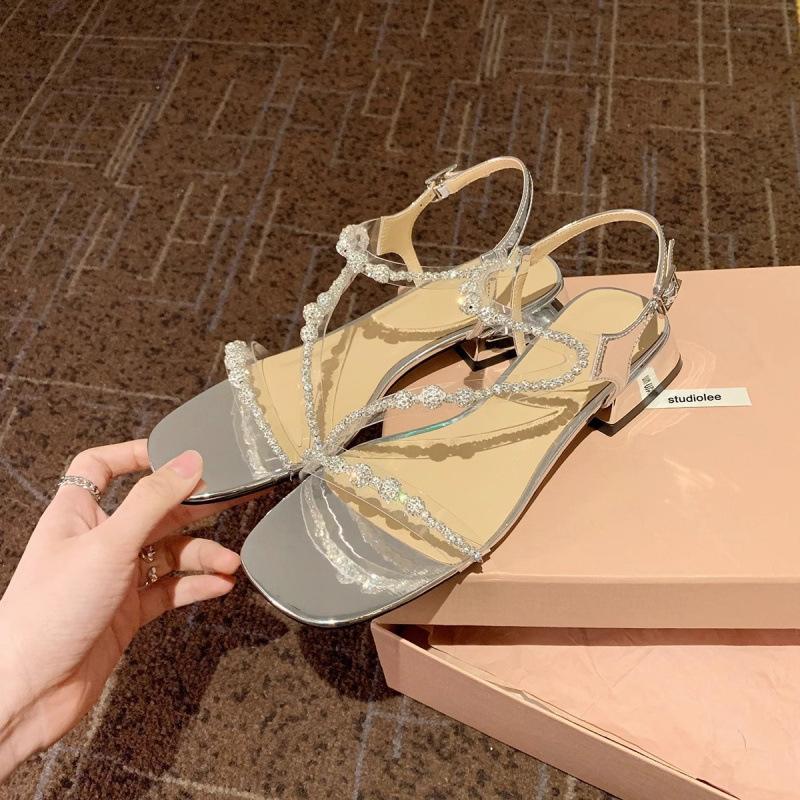 

Shoes Square Head Beaded Rhinestone One Word with Buckle Thick Heel Cool Slippers Women 34 срібний