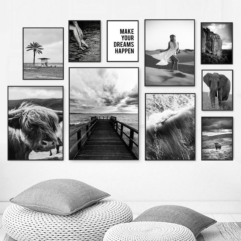 

Грозовое небо, горная корова, черно-белая фотография, художественный принт, плакат с изображением природы, сторожевая башня, пляж, скандинавский Настенный декор HD0113