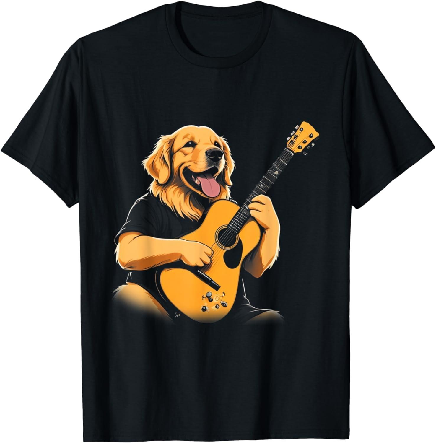 WESFY Funny Pet Golden Retriever Dog Playing Acoustic Guitar T-Shirt S
