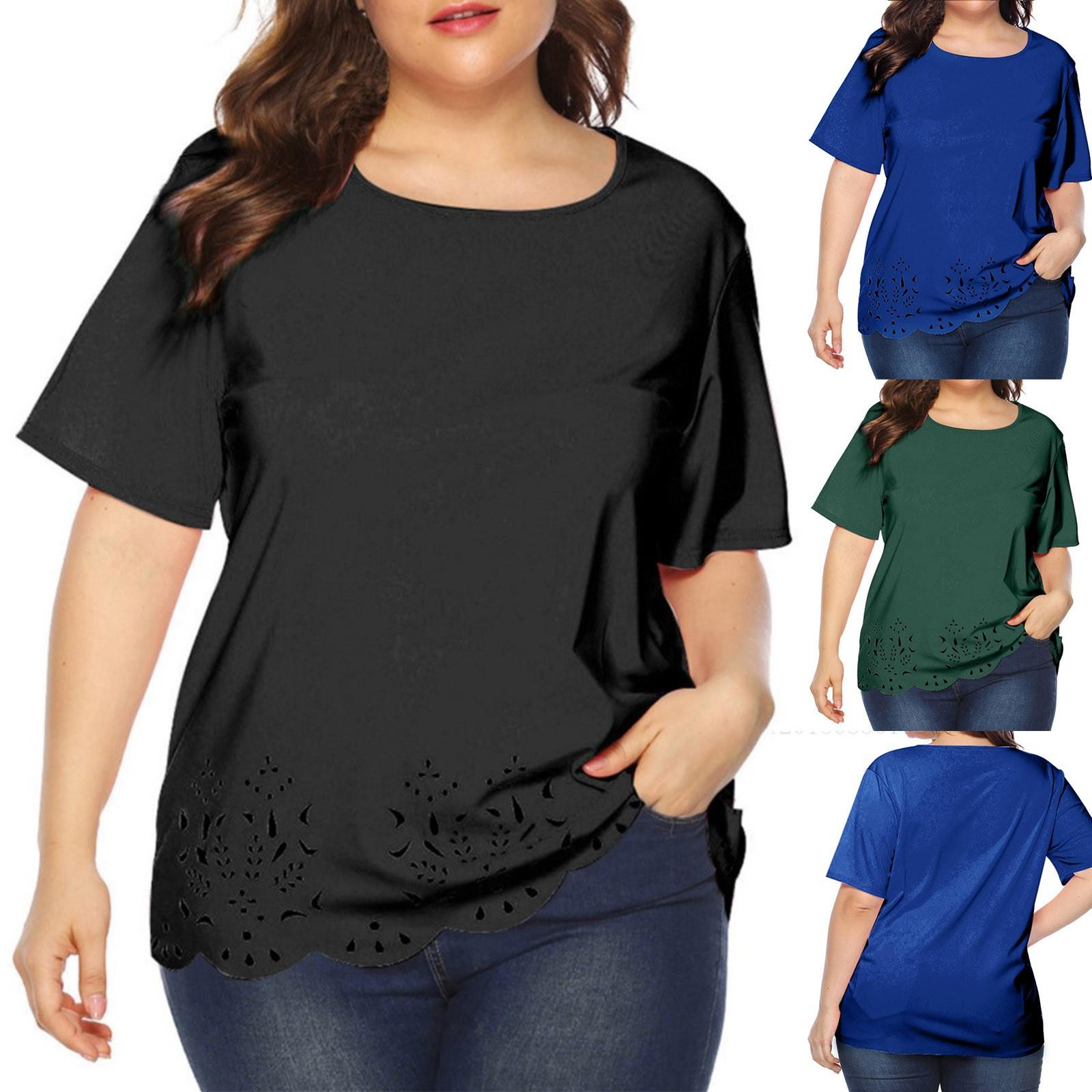

Women s Casual Solid Color Cutout Wavy Round Round Neck Short Sleeve T-Shirt