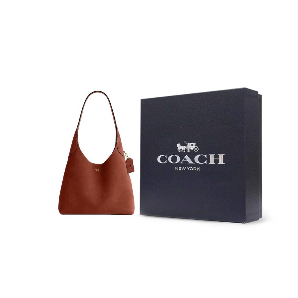 Coach Brooklyn 28 Logo Plaque Suede And Leather Shoulder Bag Large Women Shoulder Bag Clay CW637-B4AY