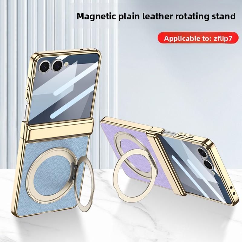 For Samsung Galaxy Z Flip 7 Case Luxury PU Leather Skin Hinge MagSafe Magnetic Ring Stand Protect Back Cover For Z Flip7 Shell