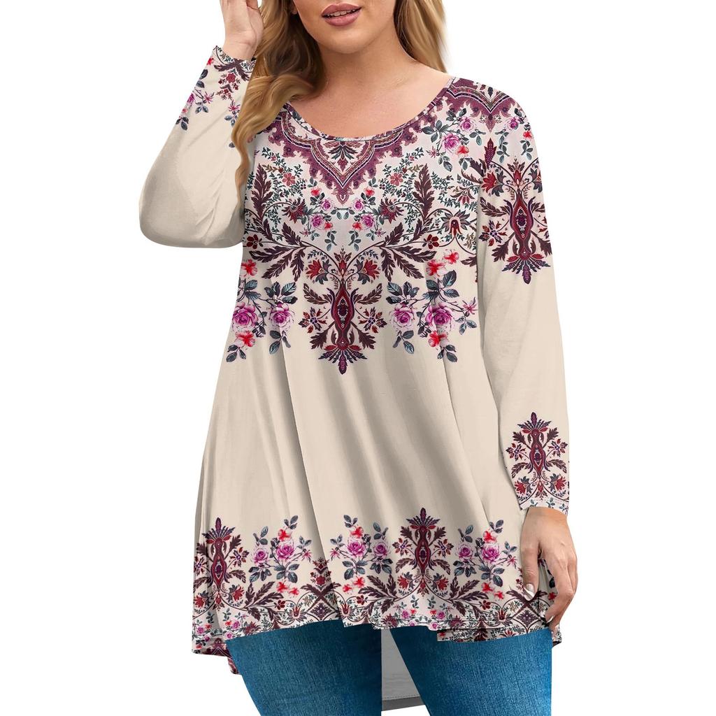 Women's Plus Size Top, Garden Collar Long Sleeved Shirt, Fashionable Floral Print Casual Top