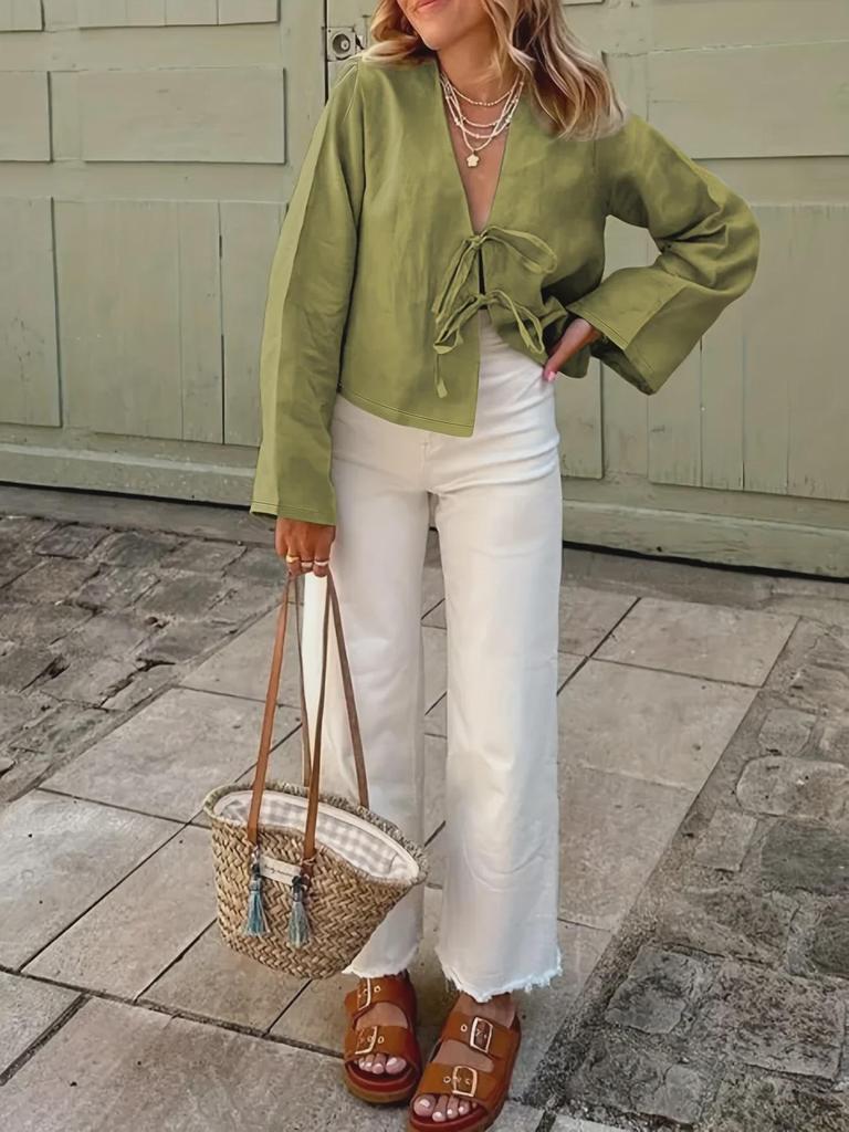 Women's Long-Sleeve V-Neck Lace-Up Solid Color Commuter Shirt