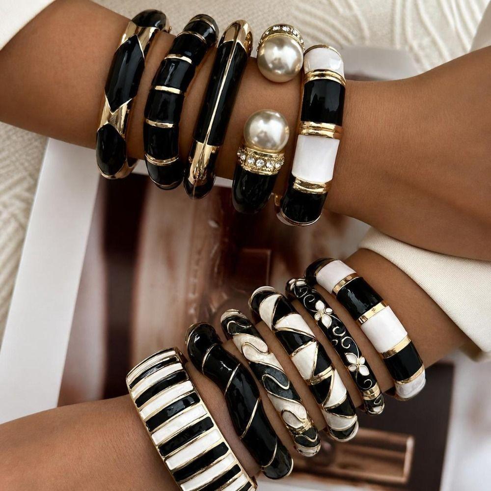 Emaille Emaille Armreif Schwarz Weiß Floral Zirkon Armband Party Schmuck Armband Party Anlass