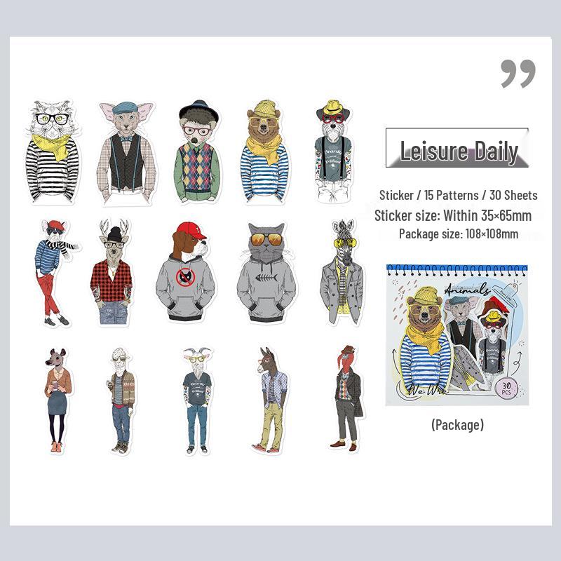 Yi Niao Animal Series Sticker Pack: 30 Decorative Hard Card Personality Stickers