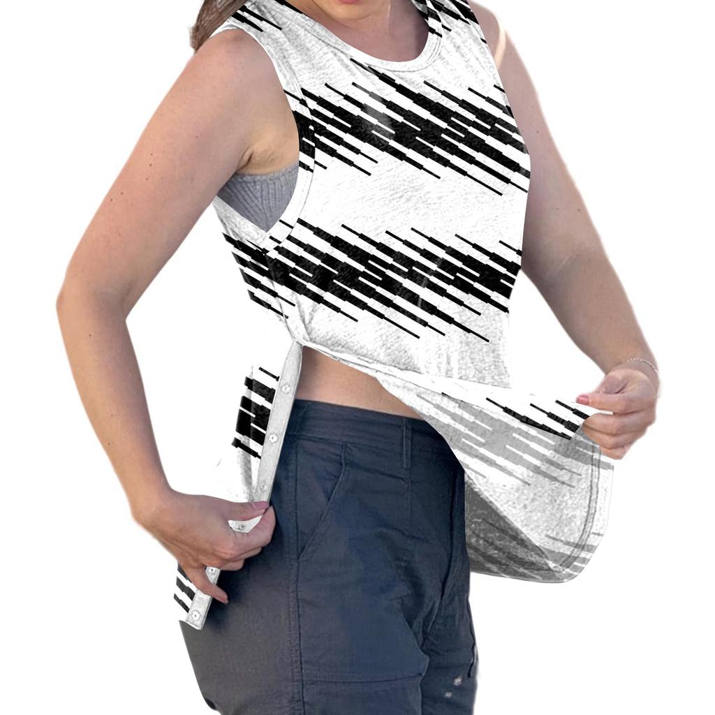 Women Shoulder Surgery Recovery Shirt Sleeveless Top with Snap Buttons Easy Open Design Striped Print Post-Operative Clothing