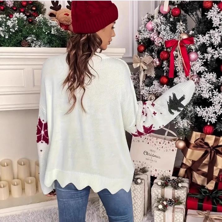 2026 Winter Snowflake Christmas Tree Print Women's Loose Knit Sweater