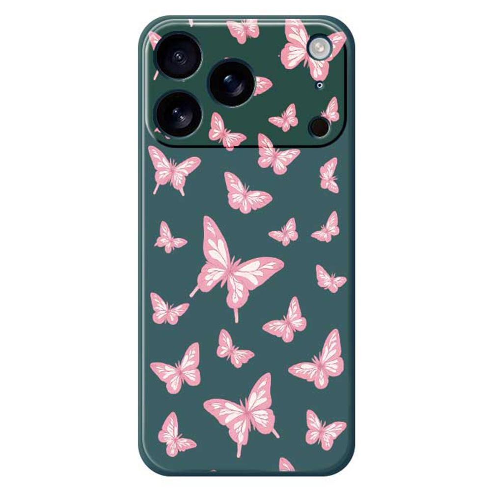 

For iPhone 17 Pro Case Pink Butterflies Pattern Printing Straight Edge TPU Phone Back Cover Green