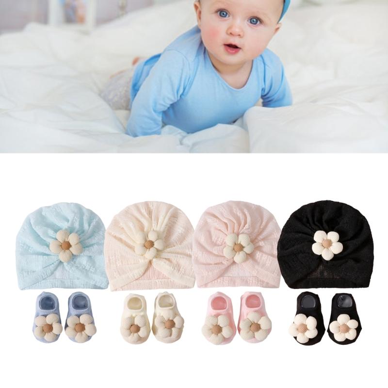 Elastic Infant Turban Hat Breathable Fetal Caps & Matching Socks Set Stylish Girls Clothing Accessories for Baby