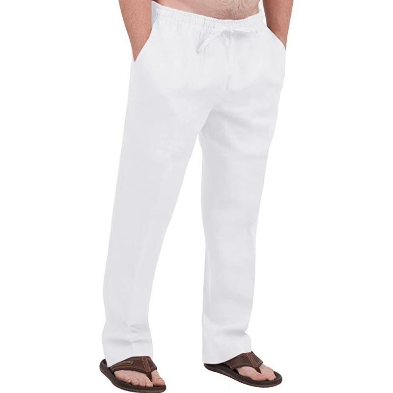 Herren Freizeit Atmungsaktive Baumwoll-Leinen Kordelzug Hose – Atmungsaktive Sommer Strandhose