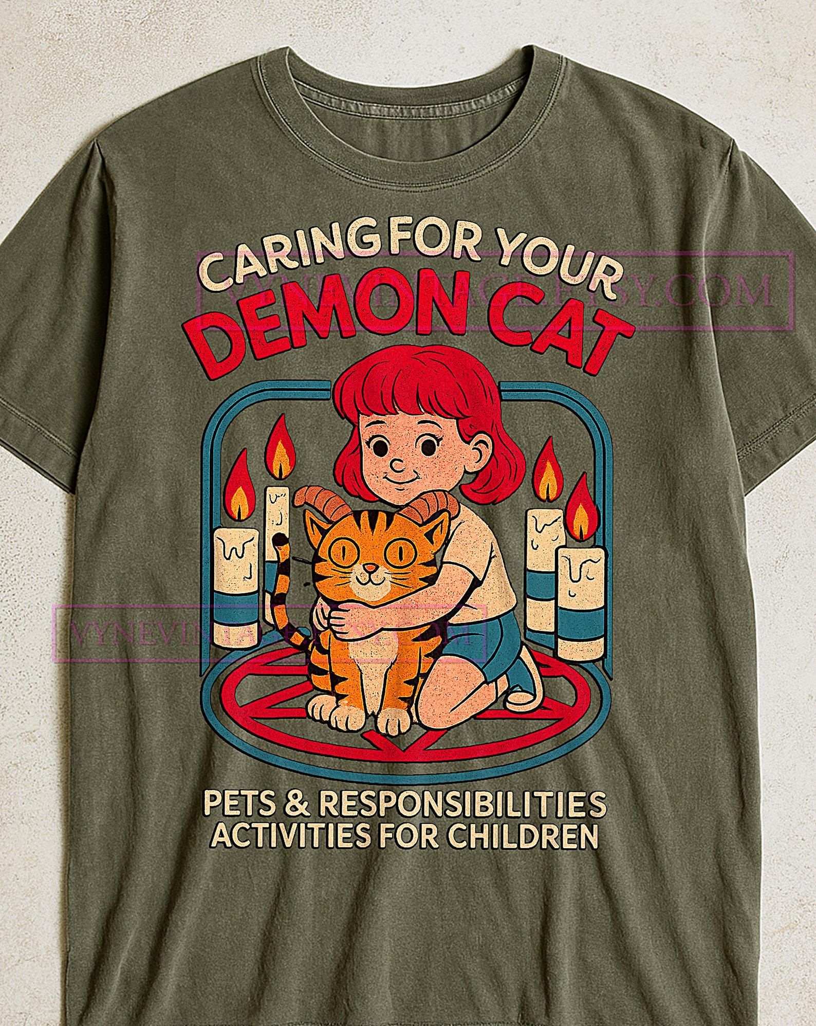 Caring For Your Demon Cat T-Shirt, Funny Pet Owner Graphic Tee, Humorous Responsibilities Shirt, Quirky Quote Tee XL