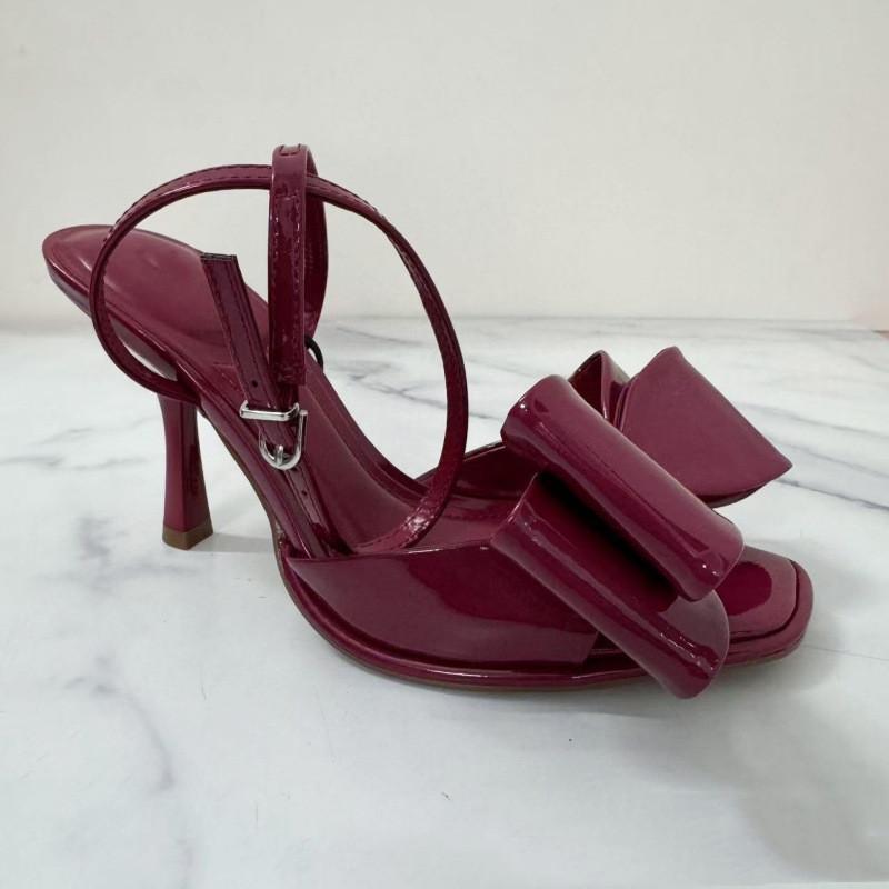 Fashion 2025 Summer Fashion Square Toe Bowknot Patent Leather Women Gladiator Sandals Sexy Ankle Strap Stiletto High Heels Wedding Shoes