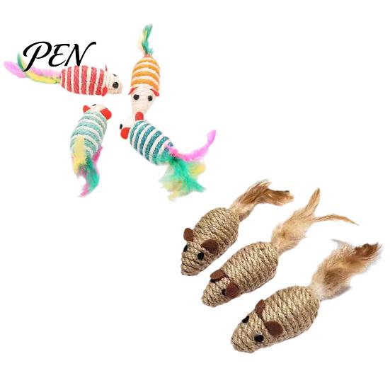 Aggressive Chewing Toys for Cats Colorful Mouse Cat Toys, Jute Rope Chew Feather Mice Realistic Tail Toy Kitten Teeth Cleaning Indoor Exercise