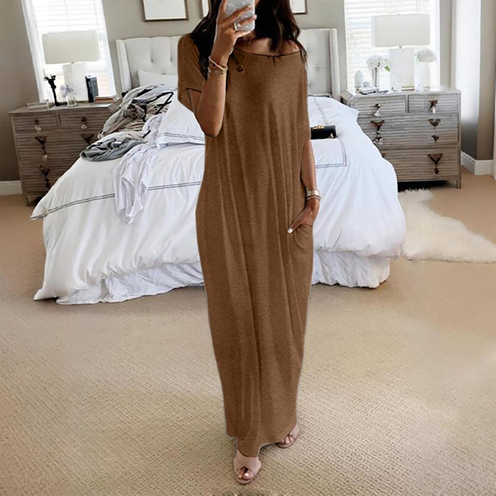 Women's Fashion Color Short-Sleeved Long Casual Dress