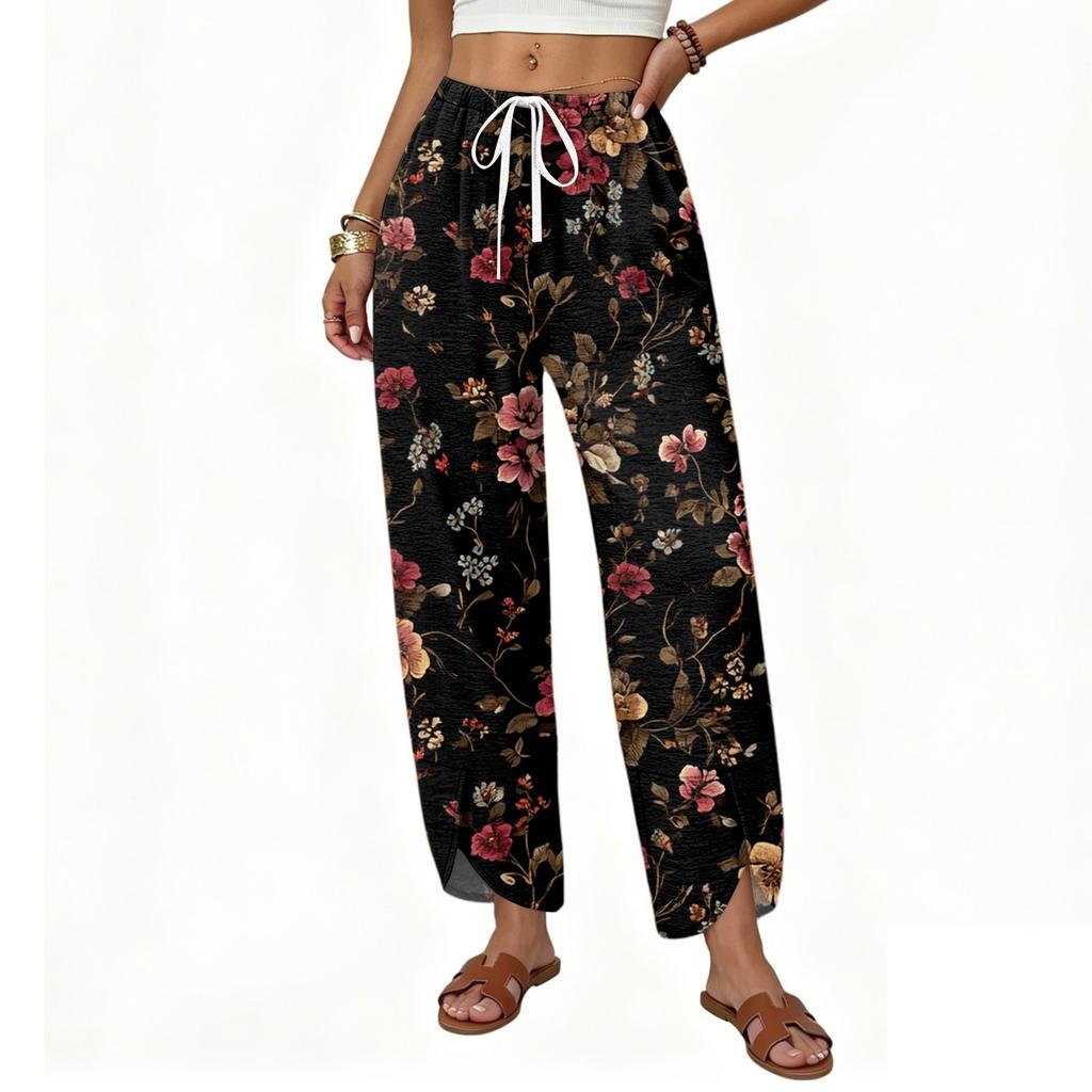 Women's Casual Loose Fit Wide Leg Drawstring Pants Floral Print Straight Cut Lightweight Trousers for Everyday Wear