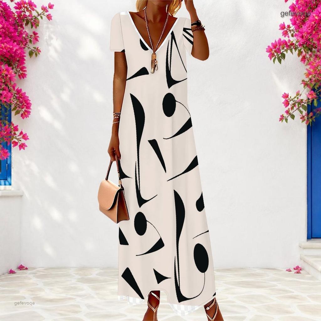 Women Plus Size V Neck Short Sleeve Colorful Printed Loose Long Dress