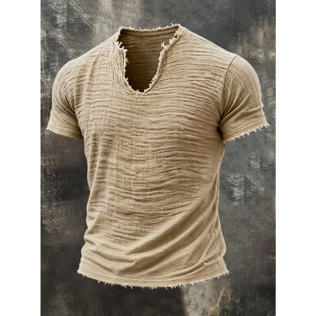 Summer, Solid Color, Men's T-shirt, Retro V-neck, Hairy Edge, Short Sleeve