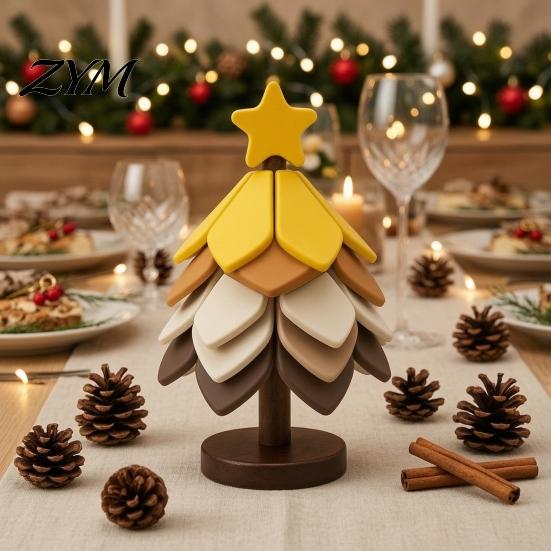 Foldable Dish Holder Christmas Tree Shaped Silicone Trivet Set, Collapsible Heat Resistant Hot Pad Holiday Party Kitchen Decor with Storage