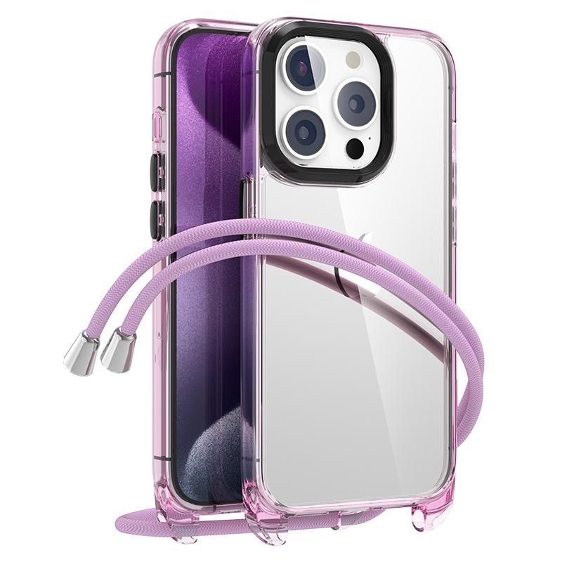 

For iPhone 16 Pro Case Clear PC+TPU Hybrid Phone Cover with Lanyard Pink