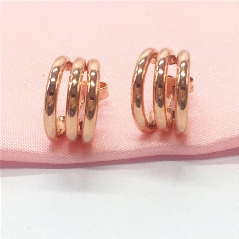 Exquisite Russian 585 Purple Gold Glossy Half-Circle C-Shaped Stud Earrings, Fashionable Rose Gold-Plated Color Gold Three-Ring Stud Earrings For Wome (rose gold plated pair)