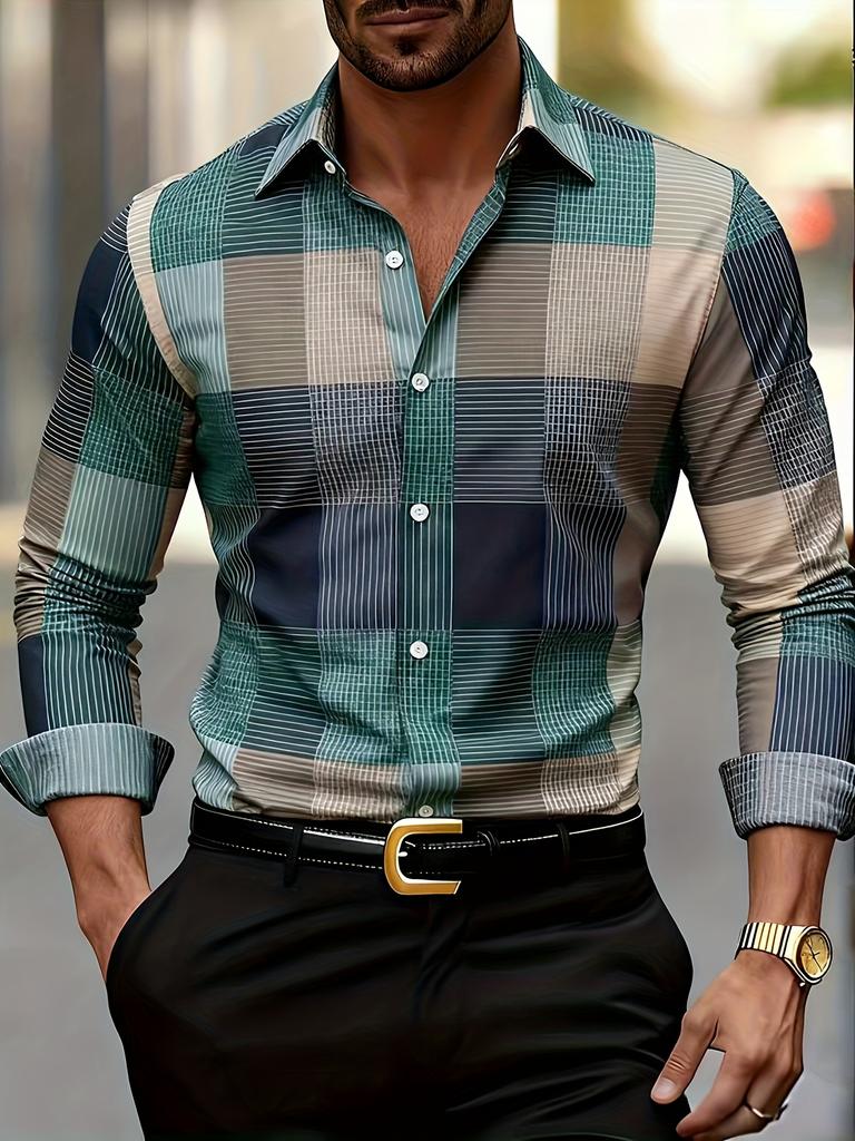 Men's Casual Colorful Plaid Long Sleeve Shirt, Fall Style, Men's Multicolor Shirt