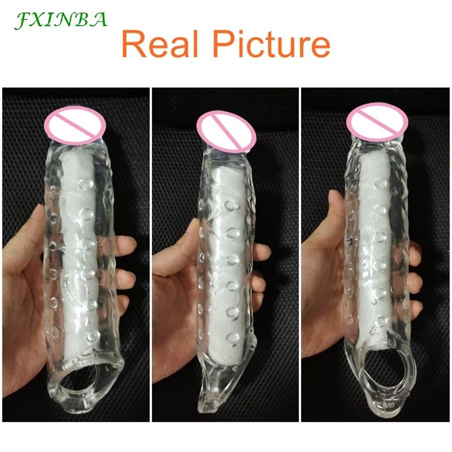 FXINBA 24/28cm Realistic Penis Sleeve Extender Huge Cock Enlargement Sex Toy For Men Delay Reusable