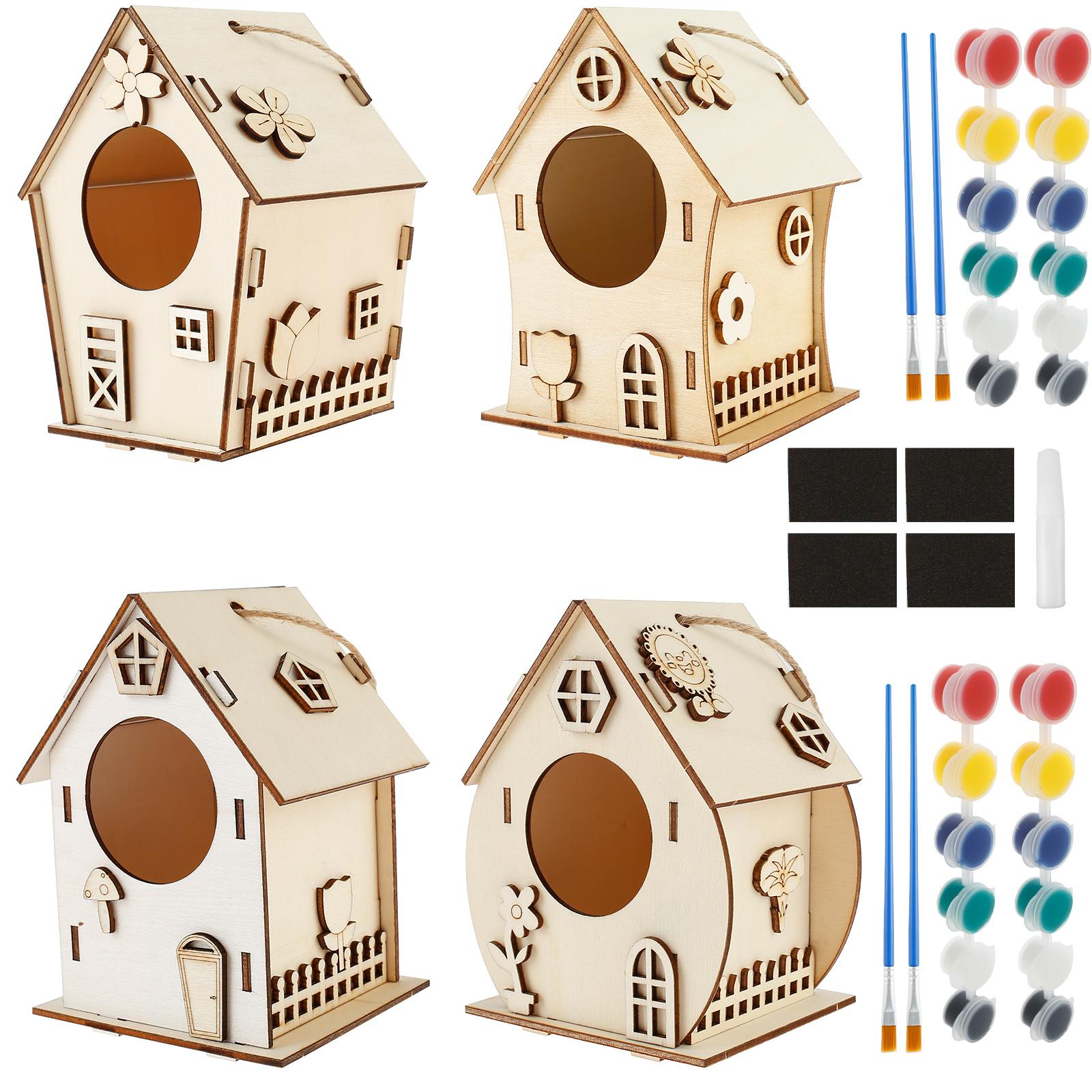 4Pcs DIY Birdhouse Kit Wood Birdhouse Craft Kit Inspire Creativity Birdhouse Making Kit Develop Hands on Skills Doodle Birdhouse
