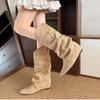 Mode Hiver Plissées Femme Bottes Montantes Genou Bout Pointu Chaussures à Élévation Interne Style Street Moderne Longues Botas Mujer