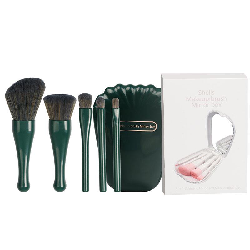 Seashell Portable Makeup Brush Set with Mirror - 5-Piece Eyeshadow & Foundation Tools