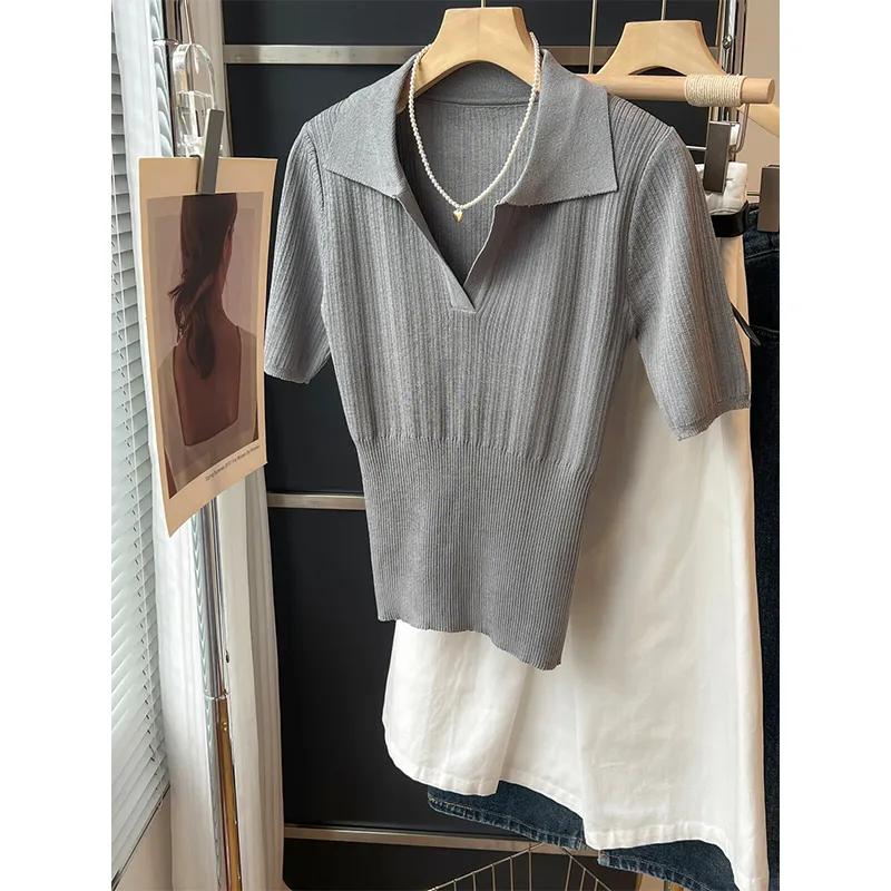 Womens Solid Color Lapel V Neck Ribbed Knit Short Sleeve Top S